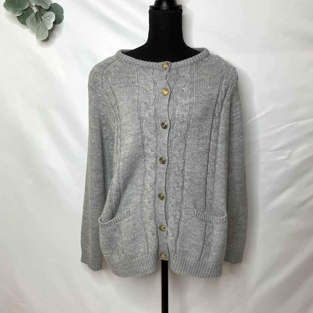 Vintage 90s Bobbie Brooks Gray Cable Knit Cardigan with Gold Buttons Large